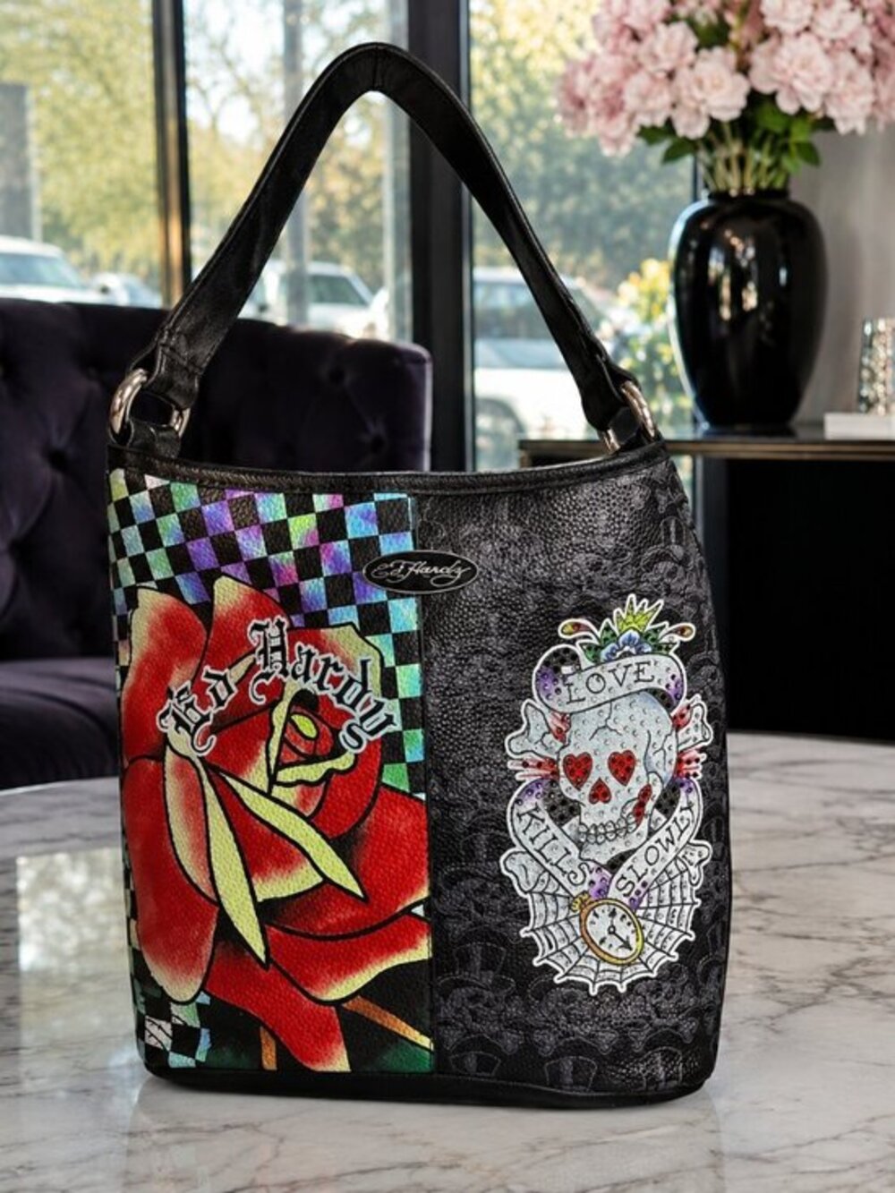 Ed Hardy Black Rose Skull Holographic Shoulder Bag NWT